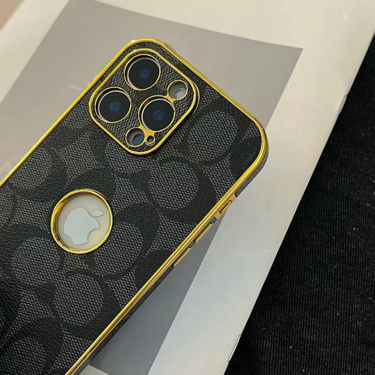 Inspired Luxury Monogram iPhone Case with Gold Trim