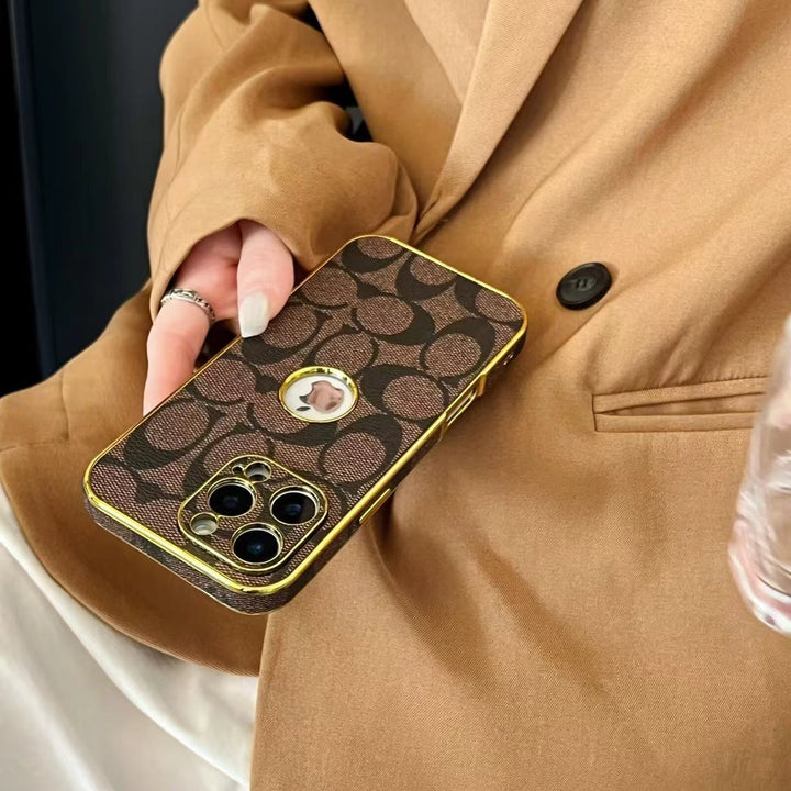 Inspired Luxury Monogram iPhone Case with Gold Trim