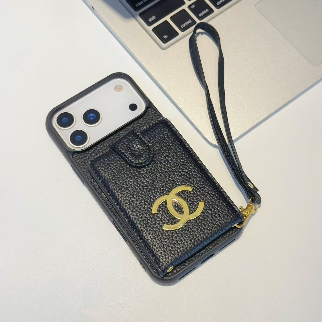 Luxury Leather iPhone Case With Wallet Card And Hand Strap