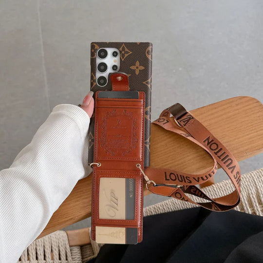 Brown and Black Samsung Phone Case With Card Holder and Strap
