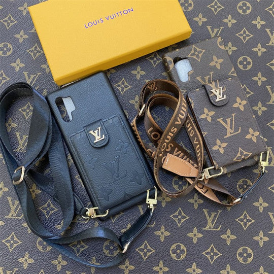 Brown and Black Samsung Phone Case With Card Holder and Strap