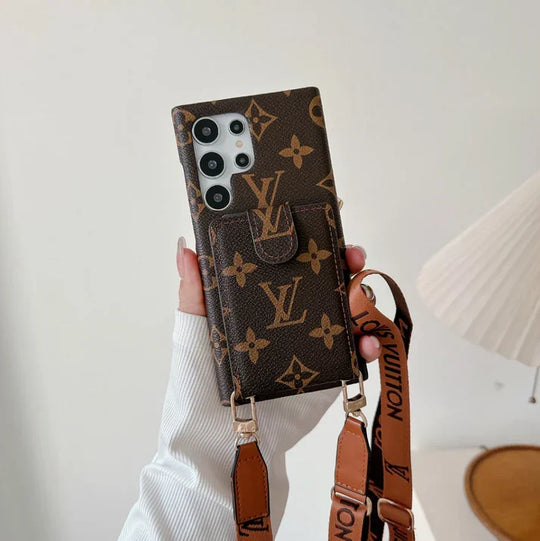 Brown and Black Samsung Phone Case With Card Holder and Strap