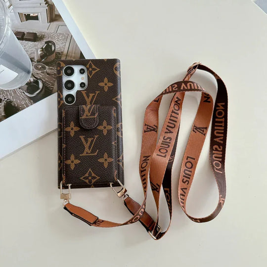 Brown and Black Samsung Phone Case With Card Holder and Strap