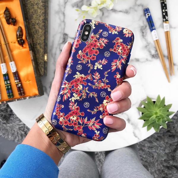 Cherry Blossom Floral Chrome iPhone Case – Chic Designer-Style Phone Cover