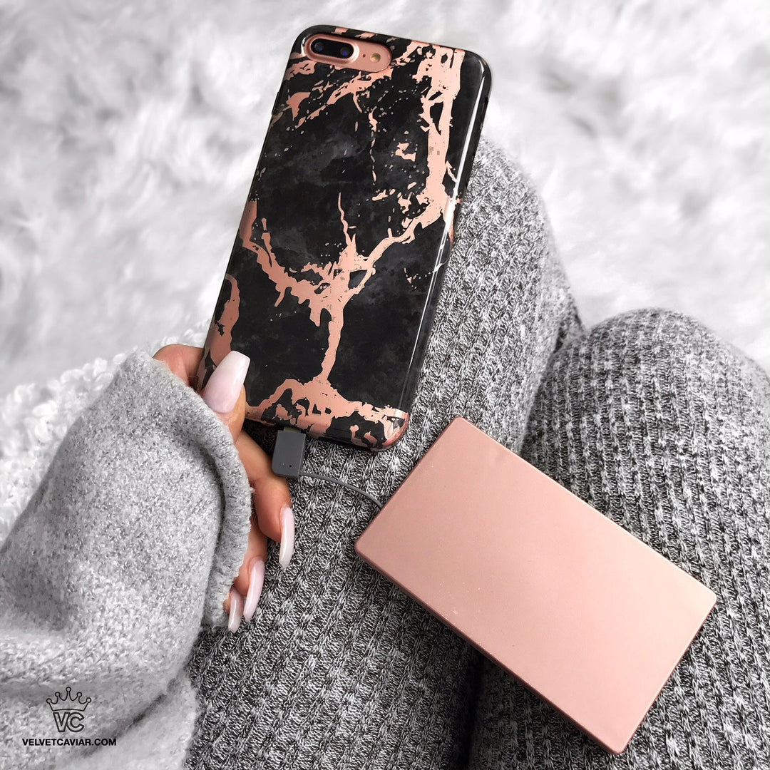 Black Marble Rose Gold Chrome iPhone Case – Aesthetic Shockproof Phone Cover