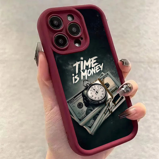 Phone Case for iPhone 11–17 Pro Max – “Time Is Money” Printed Full Coverage Soft TPU Cover