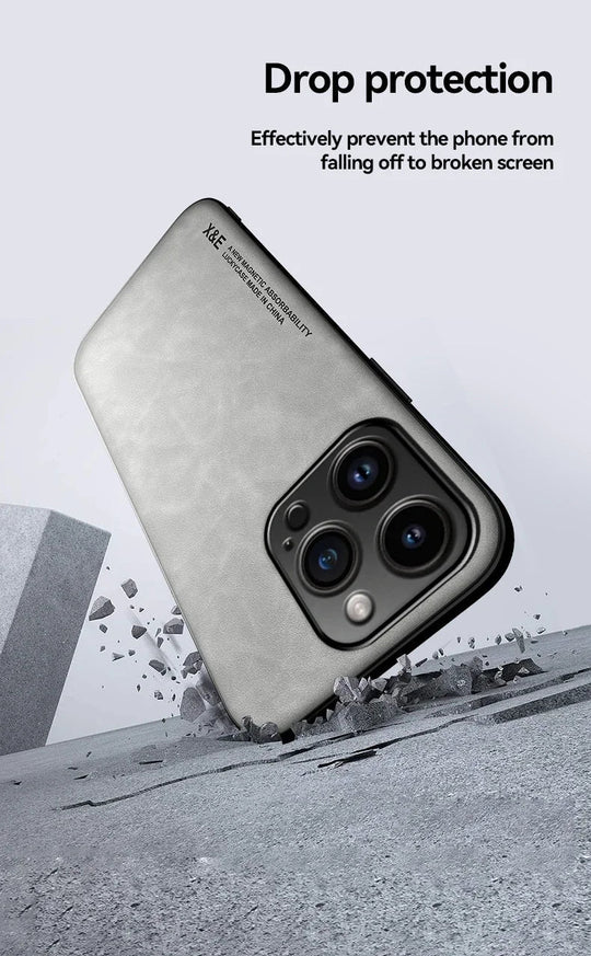 Luxury Leather Case For iPhone 17 16 16e 15 14 13 12 11 Pro Max & Metal Plate Support Car Hold