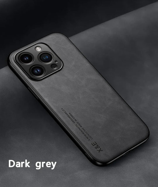 Luxury Leather Case For iPhone 17 16 16e 15 14 13 12 11 Pro Max & Metal Plate Support Car Hold