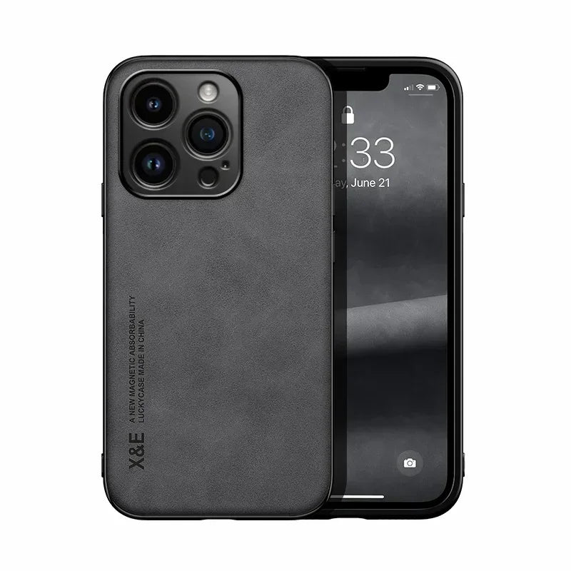Luxury Leather Case For iPhone 17 16 16e 15 14 13 12 11 Pro Max & Metal Plate Support Car Hold