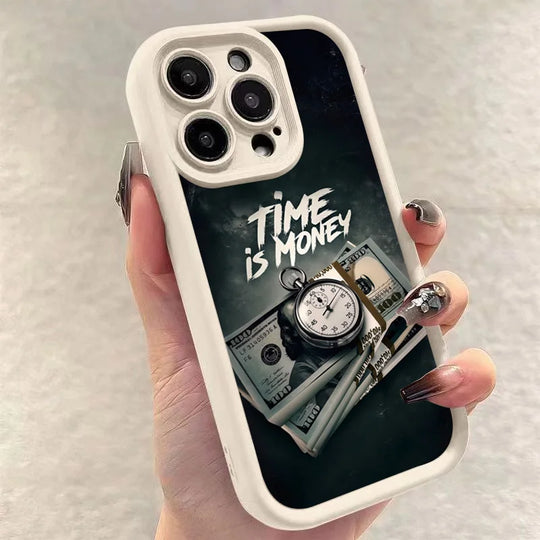 Phone Case for iPhone 11–17 Pro Max – “Time Is Money” Printed Full Coverage Soft TPU Cover