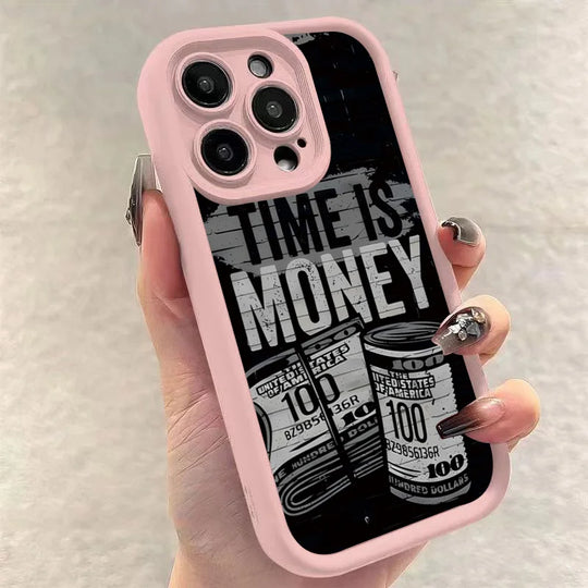 Phone Case for iPhone 11–17 Pro Max – “Time Is Money” Printed Full Coverage Soft TPU Cover