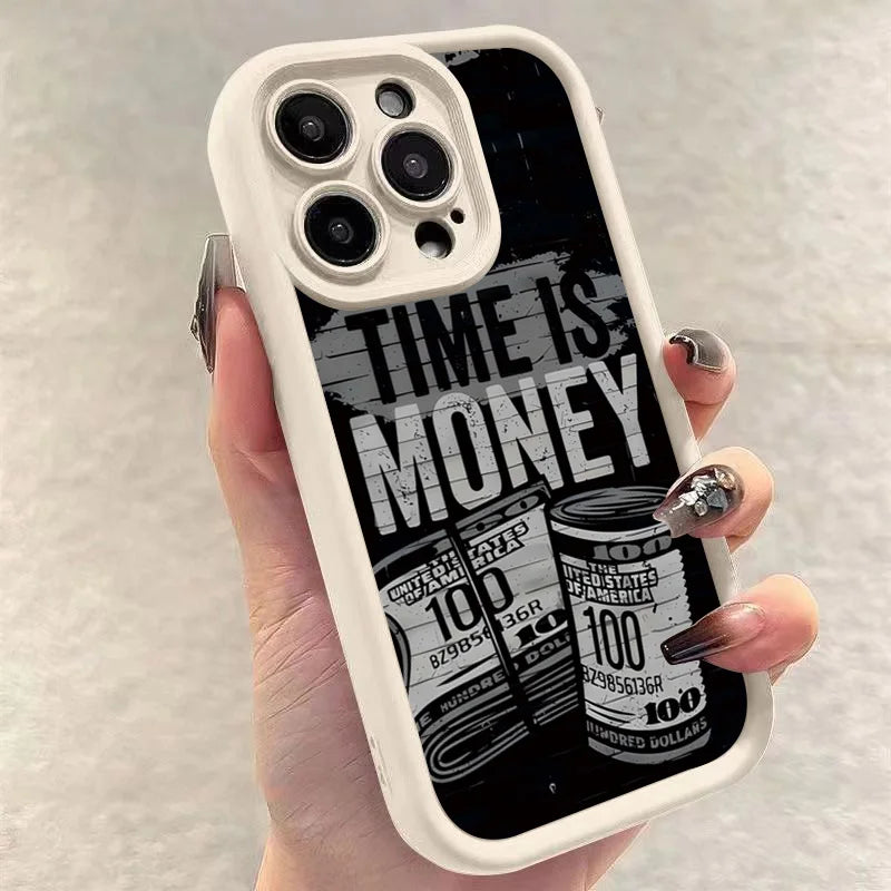Phone Case for iPhone 11–17 Pro Max – “Time Is Money” Printed Full Coverage Soft TPU Cover