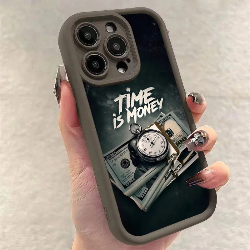 Phone Case for iPhone 11–17 Pro Max – “Time Is Money” Printed Full Coverage Soft TPU Cover