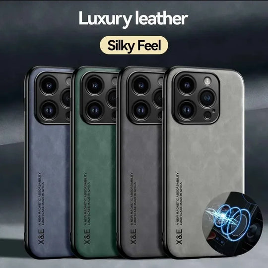 Luxury Leather Case For iPhone 17 16 16e 15 14 13 12 11 Pro Max & Metal Plate Support Car Hold