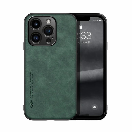 Luxury Leather Case For iPhone 17 16 16e 15 14 13 12 11 Pro Max & Metal Plate Support Car Hold