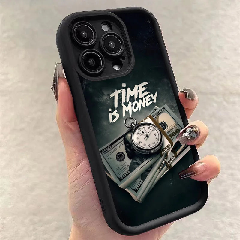 Phone Case for iPhone 11–17 Pro Max – “Time Is Money” Printed Full Coverage Soft TPU Cover