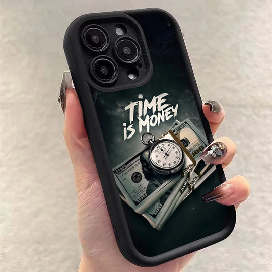 Phone Case for iPhone 11–17 Pro Max – “Time Is Money” Printed Full Coverage Soft TPU Cover