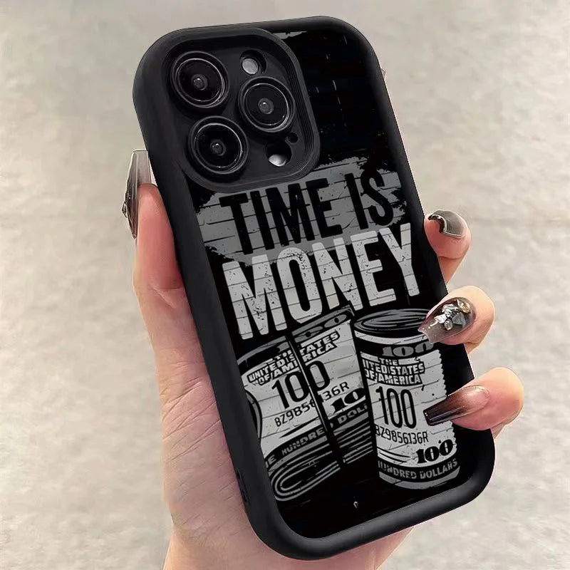 Phone Case for iPhone 11–17 Pro Max – “Time Is Money” Printed Full Coverage Soft TPU Cover