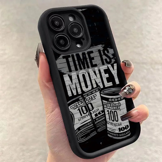 Phone Case for iPhone 11–17 Pro Max – “Time Is Money” Printed Full Coverage Soft TPU Cover