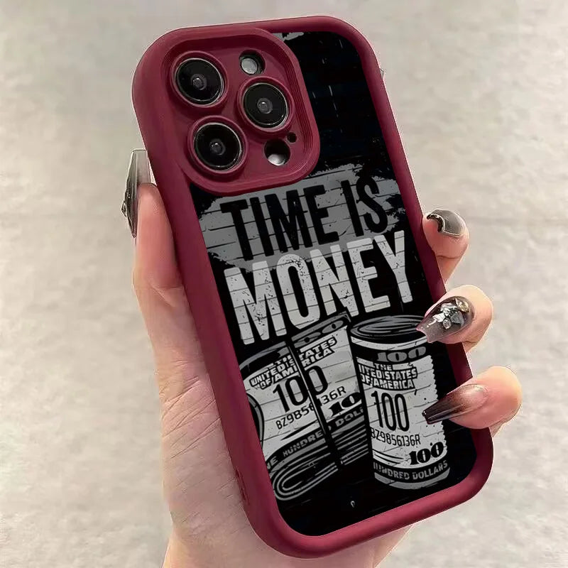 Phone Case for iPhone 11–17 Pro Max – “Time Is Money” Printed Full Coverage Soft TPU Cover
