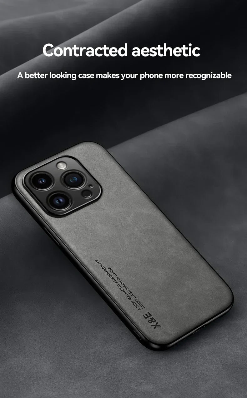 Luxury Leather Case For iPhone 17 16 16e 15 14 13 12 11 Pro Max & Metal Plate Support Car Hold