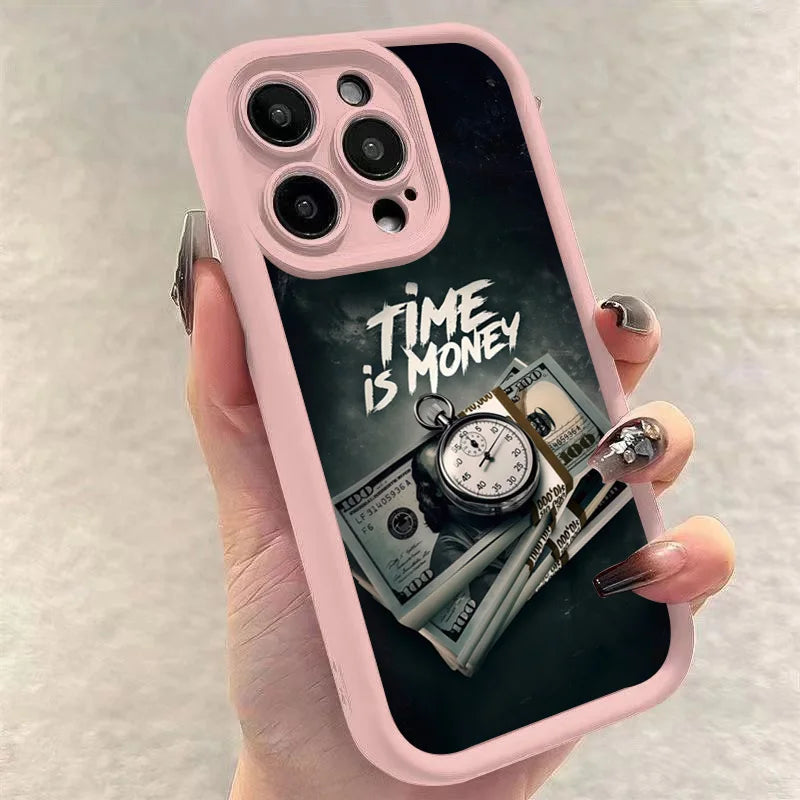 Phone Case for iPhone 11–17 Pro Max – “Time Is Money” Printed Full Coverage Soft TPU Cover