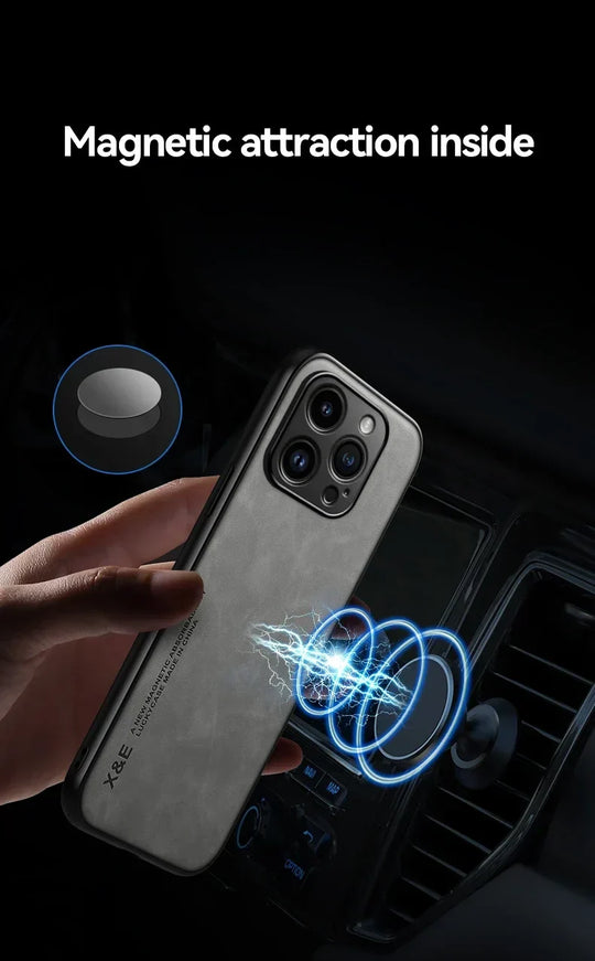 Luxury Leather Case For iPhone 17 16 16e 15 14 13 12 11 Pro Max & Metal Plate Support Car Hold