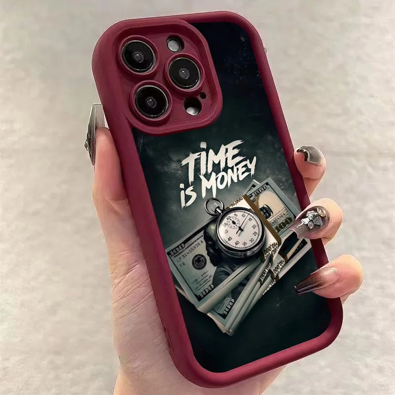 Phone Case for iPhone 11–17 Pro Max – “Time Is Money” Printed Full Coverage Soft TPU Cover