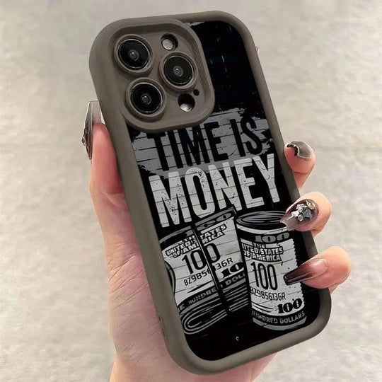 Phone Case for iPhone 11–17 Pro Max – “Time Is Money” Printed Full Coverage Soft TPU Cover