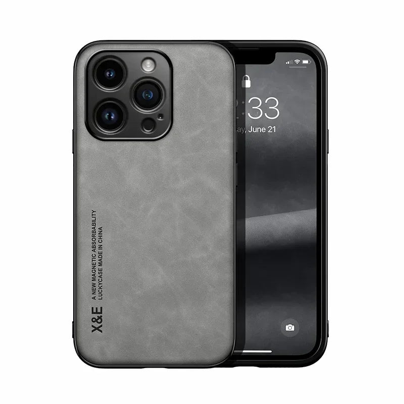 Luxury Leather Case For iPhone 17 16 16e 15 14 13 12 11 Pro Max & Metal Plate Support Car Hold