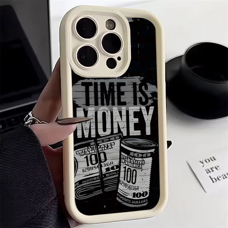 Phone Case for iPhone 11–17 Pro Max – “Time Is Money” Printed Full Coverage Soft TPU Cover