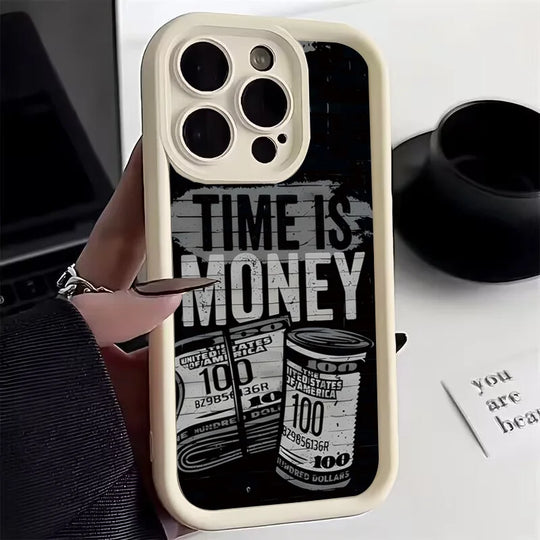Phone Case for iPhone 11–17 Pro Max – “Time Is Money” Printed Full Coverage Soft TPU Cover