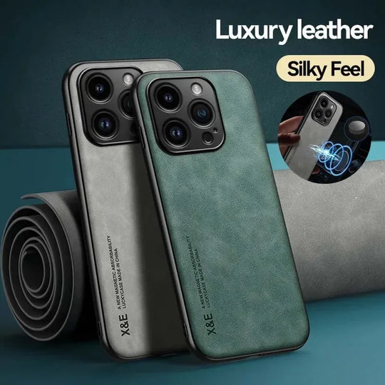 Luxury Leather Case For iPhone 17 16 16e 15 14 13 12 11 Pro Max & Metal Plate Support Car Hold