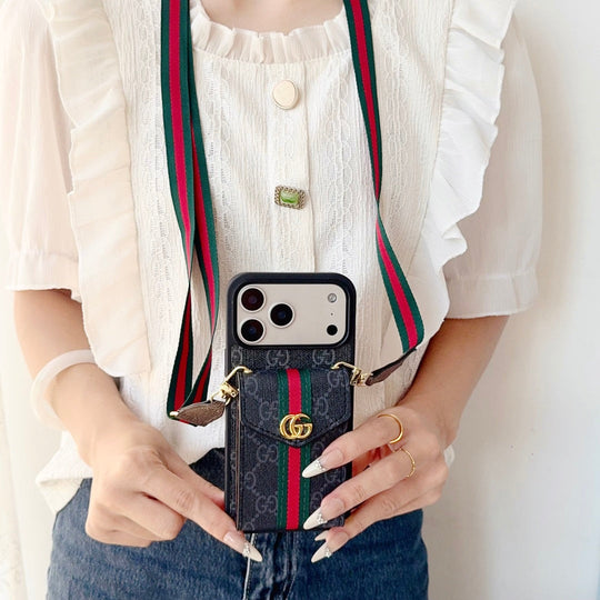 Leather iPhone Case With Card Wallet And Strap