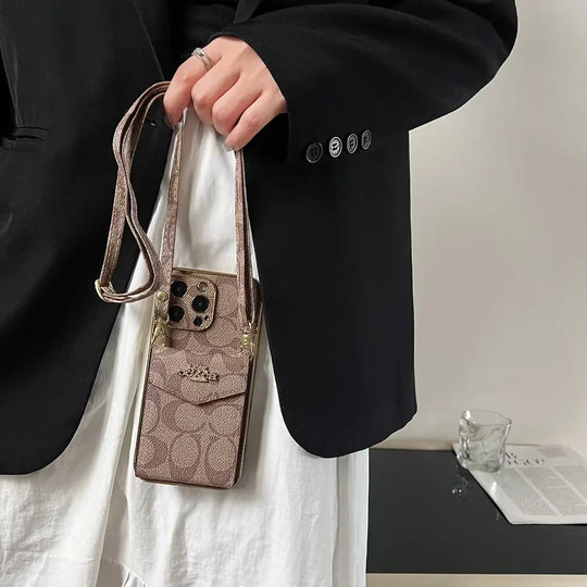 Luxury Logo Accordion Card Holder Leather Crossbody Apple iPhone Case