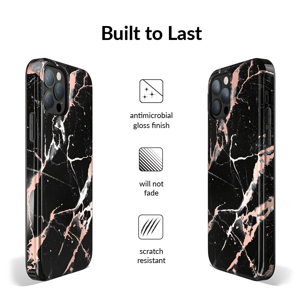 Black Marble Rose Gold Chrome iPhone Case – Aesthetic Shockproof Phone Cover