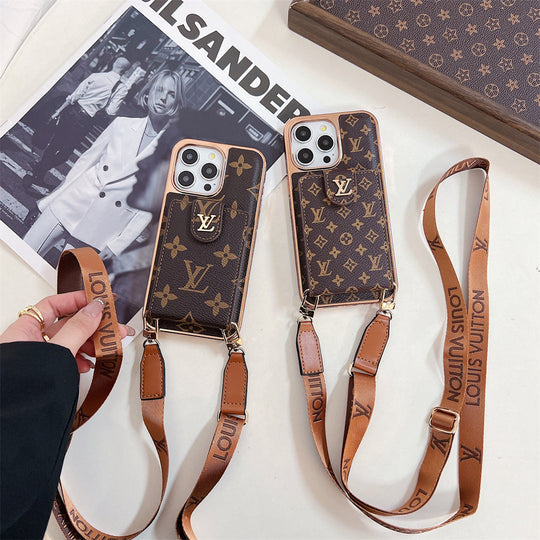 Luxury Monogram iPhone 16 Case – Electroplated Crossbody Card Holder Cover