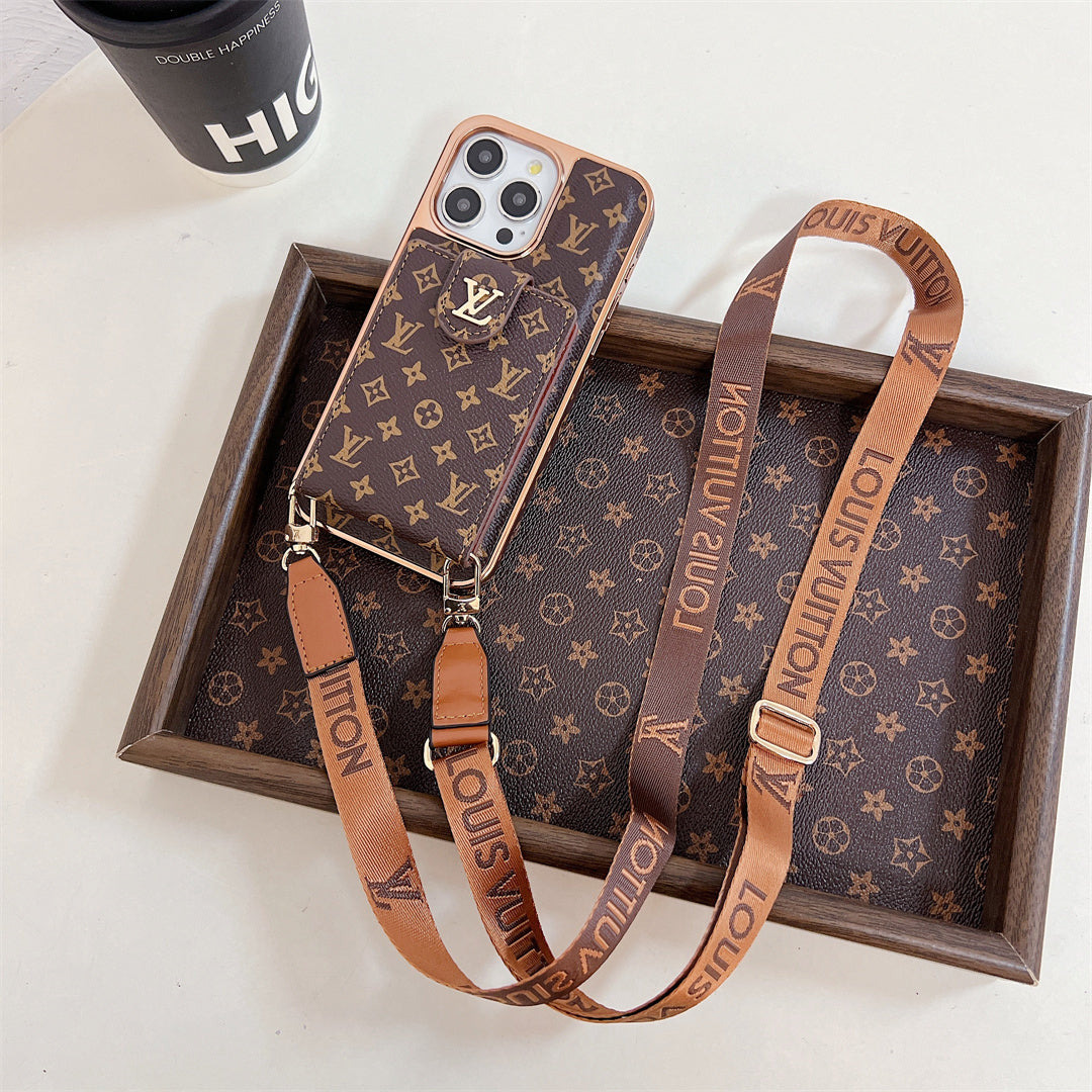 Luxury Monogram iPhone 16 Case – Electroplated Crossbody Card Holder Cover