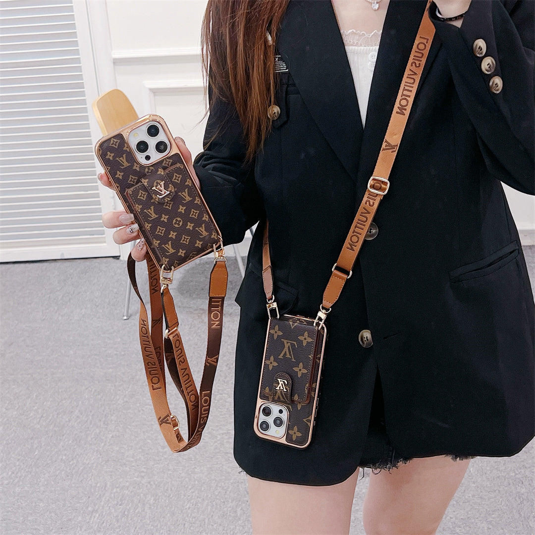 Luxury Monogram iPhone 16 Case – Electroplated Crossbody Card Holder Cover