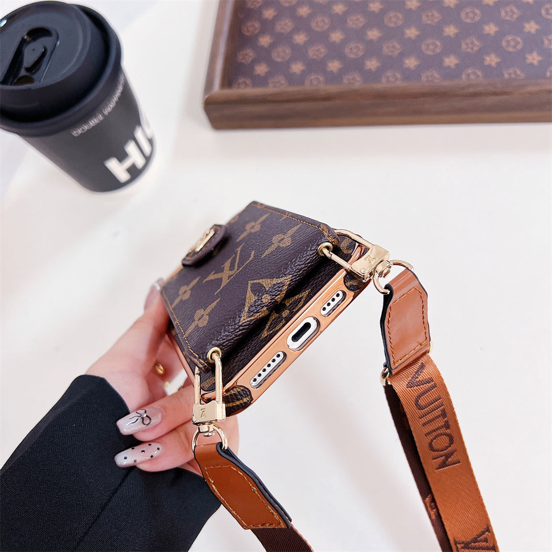Luxury Monogram iPhone 16 Case – Electroplated Crossbody Card Holder Cover