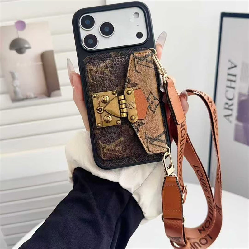 Luxury Lock Card Crossbody iPhone Case for iPhone 17 – Designer Monogram Style