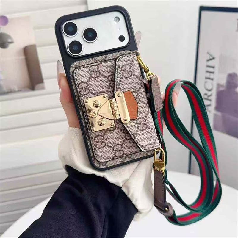 Luxury Lock Card Crossbody iPhone Case for iPhone 17 – Designer Monogram Style