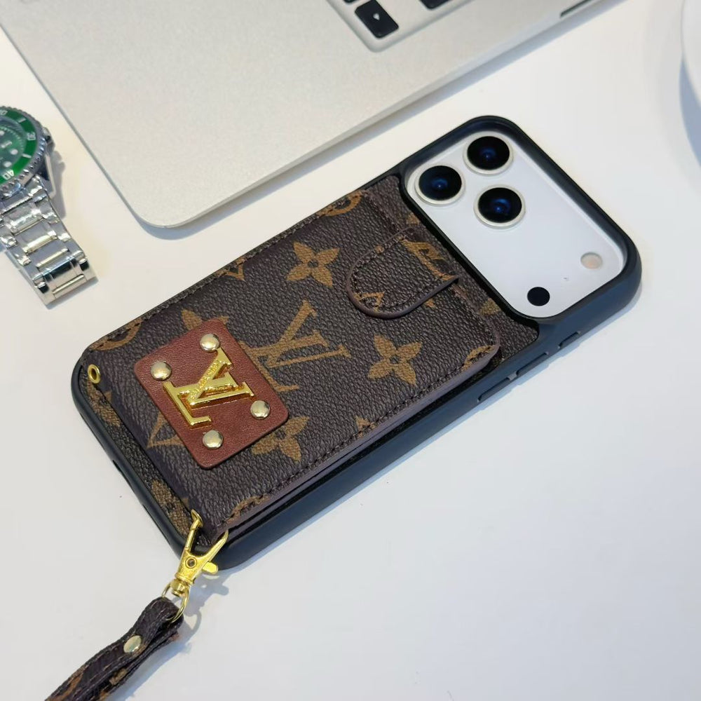Luxury Card Holder iPhone Case with Strap for iPhone 17 / 16 / 15 / 14 – Designer Monogram Style