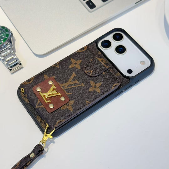 Luxury Card Holder iPhone Case with Strap for iPhone 17 / 16 / 15 / 14 – Designer Monogram Style