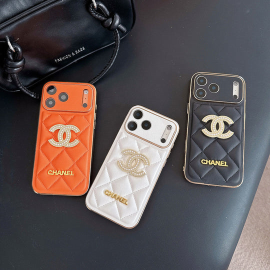 Leather Phone Case Diamond Logo with Gold Label For iPhone 17/ 16 /15 / 14