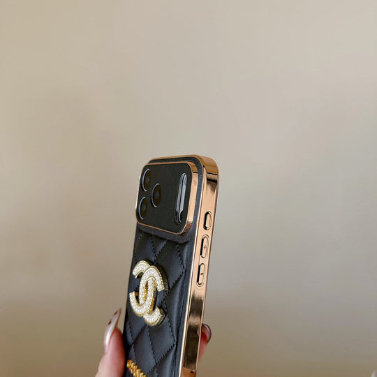 Leather Phone Case Diamond Logo with Gold Label For iPhone 17/ 16 /15 / 14