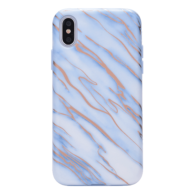 Sky Blue Rose Gold Chrome Marble iPhone Case – Trendy Protective Phone Cover